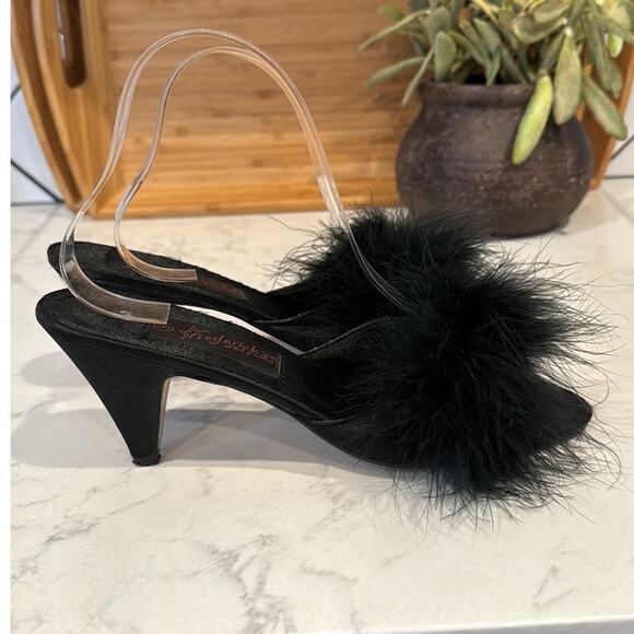 Fredrick’s of Hollywood 1980s Satin Peep Toe Pumps with Ostrich Feathers size 7 - Picture 4 of 9